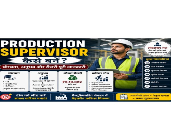 Production Supervisor कैसे बनें? योग्यता, अनुभव, सैलरी और करियर ग्रोथ की जानकारी दर्शाता हुआ फीचर इमेज, जिसमें फैक्ट्री में हेलमेट पहने एक सुपरवाइजर और नौकरी से संबंधित महत्वपूर्ण विवरण दिखाए गए हैं।