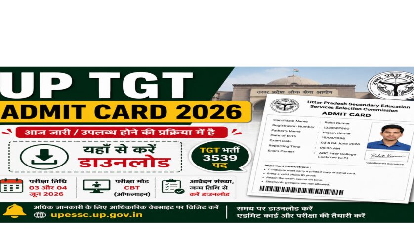 UP TGT Admit Card 2026 feature image showing admit card download information, exam date, UPESSC logo, 3539 TGT vacancies, and important exam details for Uttar Pradesh Trained Graduate Teacher recruitment.