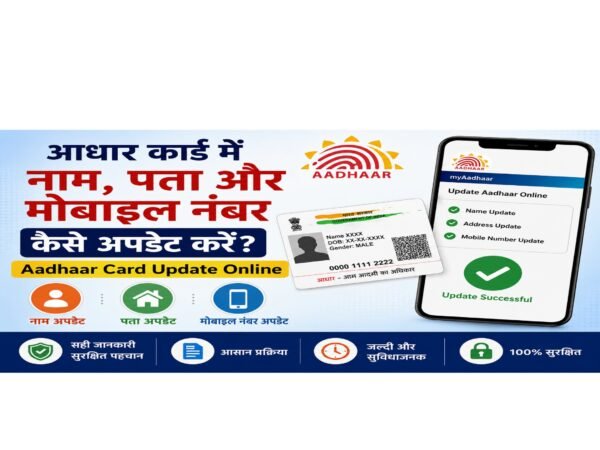 आधार कार्ड में नाम, पता और मोबाइल नंबर अपडेट करने की प्रक्रिया दिखाती हुई फीचर इमेज, जिसमें Aadhaar कार्ड, myAadhaar पोर्टल और ऑनलाइन अपडेट की जानकारी दर्शाई गई है।