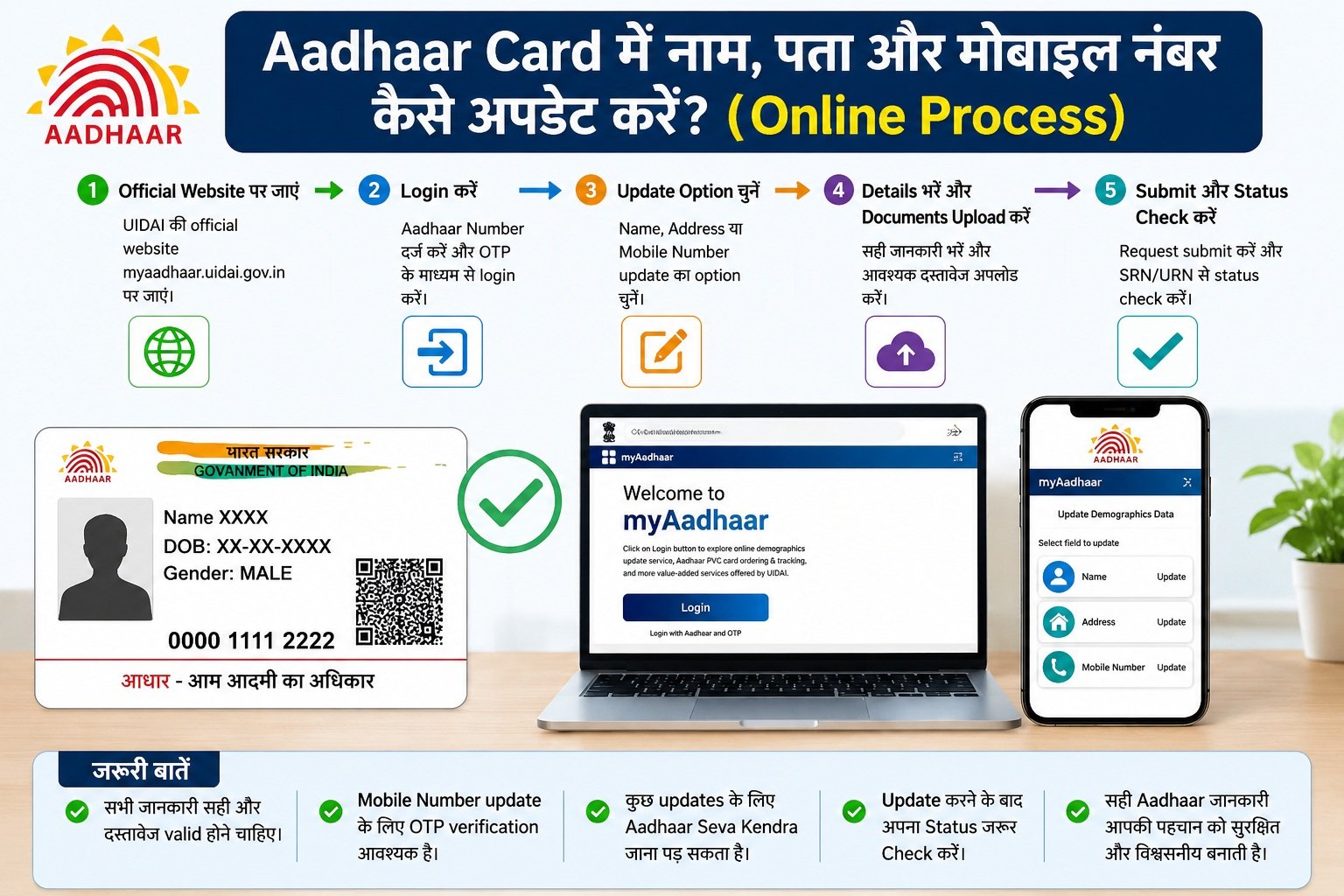 आधार कार्ड में नाम, पता और मोबाइल नंबर अपडेट करने की ऑनलाइन प्रक्रिया दिखाती हुई इन्फोग्राफिक इमेज, जिसमें UIDAI, myAadhaar पोर्टल और स्टेप-बाय-स्टेप अपडेट प्रक्रिया दर्शाई गई है।