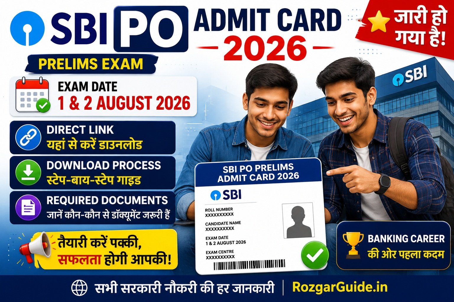SBI PO Admit Card 2026 Out – Download Prelims Call Letter, Exam Date 1 & 2 August, Direct Link & Required Documents