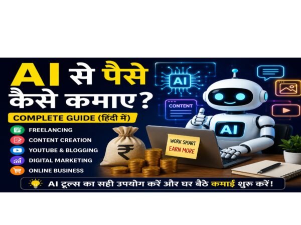 AI Se Paise Kaise Kamaye – फ्रीलांसिंग, कंटेंट क्रिएशन, यूट्यूब, ब्लॉगिंग और डिजिटल मार्केटिंग के जरिए ऑनलाइन कमाई के बेहतरीन तरीके दिखाती फीचर इमेज।
