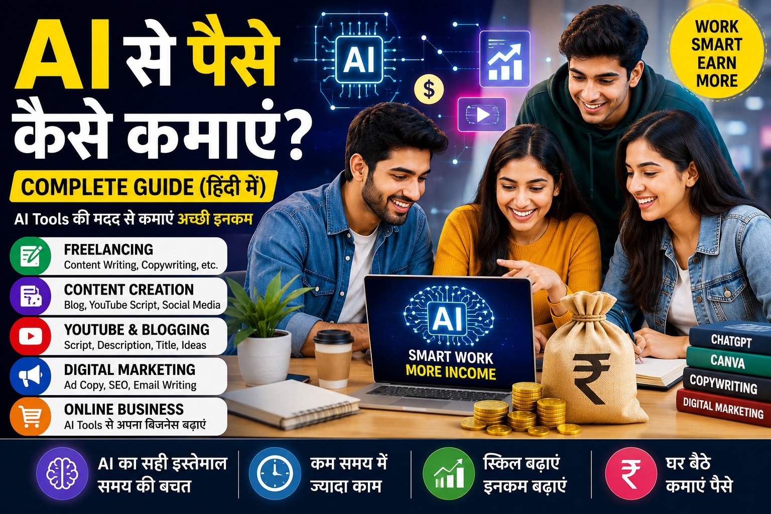 AI Se Paise Kaise Kamaye – लैपटॉप पर AI टूल्स का उपयोग करते हुए युवा लड़के और लड़कियों की टीम, फ्रीलांसिंग, कंटेंट क्रिएशन, यूट्यूब, ब्लॉगिंग और डिजिटल मार्केटिंग से ऑनलाइन कमाई के तरीके।