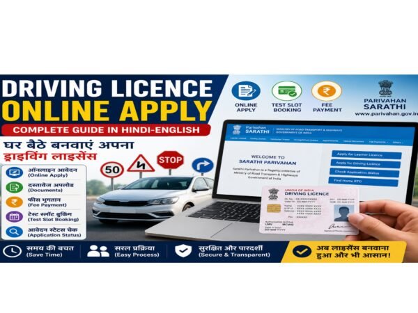 Driving Licence Online Apply फीचर इमेज जिसमें Parivahan Sarathi Portal, ऑनलाइन आवेदन प्रक्रिया, Learner Licence, Driving Licence, दस्तावेज़ अपलोड, फीस भुगतान, टेस्ट स्लॉट बुकिंग, एप्लिकेशन स्टेटस और ट्रैफिक संकेत दर्शाए गए हैं।