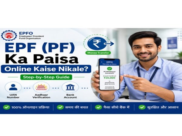 EPF (PF) का पैसा ऑनलाइन निकालने की प्रक्रिया दर्शाता हुआ फीचर इमेज, जिसमें एक युवा भारतीय ऑफिस कर्मचारी स्मार्टफोन पर EPF Withdrawal स्क्रीन दिखा रहा है। साथ में UAN, Aadhaar, बैंक अकाउंट और रुपये ट्रांसफर के आइकन हैं। शीर्षक: “EPF (PF) Ka Paisa Online Kaise Nikale?” और उपशीर्षक: “Step-by-Step Guide”।