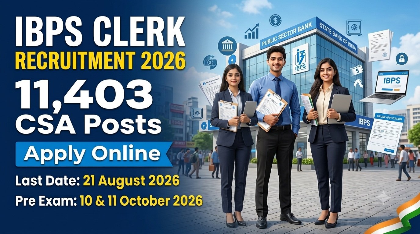 IBPS Clerk Recruitment 2026: 11,403 रिक्तियों के लिए बैंक के सामने खड़े युवा उम्मीदवार |