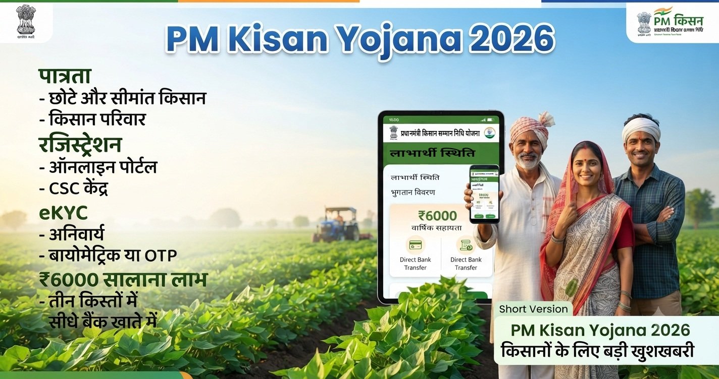 PM Kisan Yojana 2026 featured image showing Indian farmers in a green field with government scheme details and mobile portal screen.