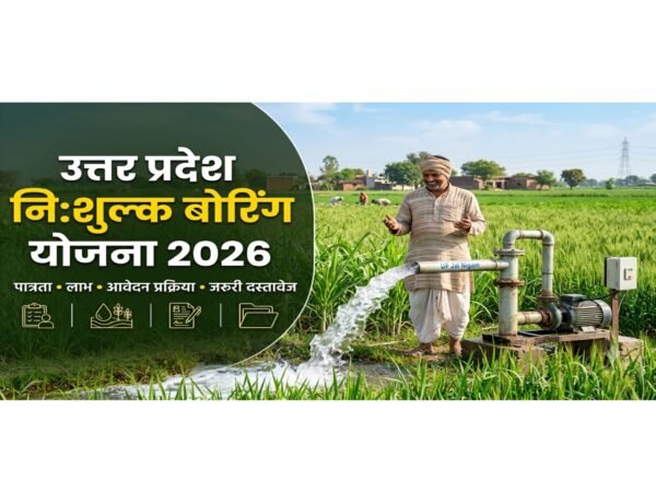 Uttar Pradesh Nishulk boring Yojana 2026- खेत में बोरवेल से सिंचाई करता प्रसन्न भारतीय किसान