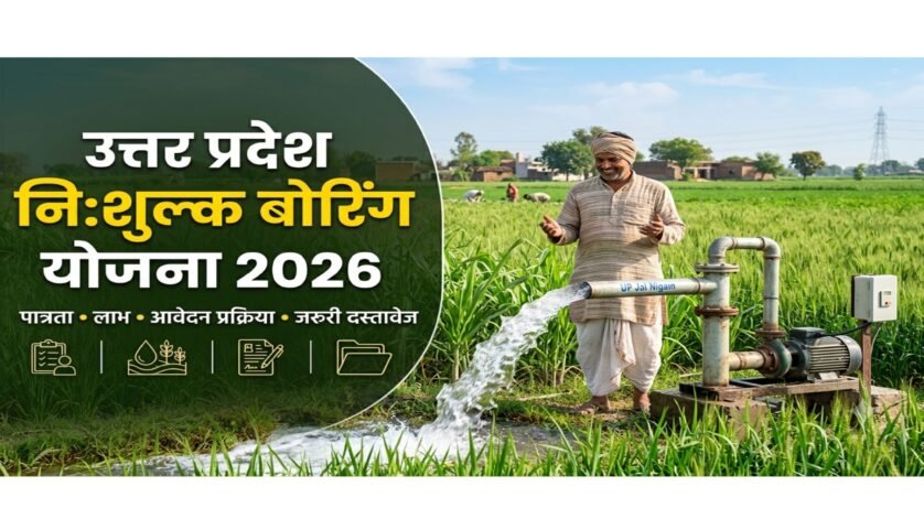 Uttar Pradesh Nishulk boring Yojana 2026- खेत में बोरवेल से सिंचाई करता प्रसन्न भारतीय किसान