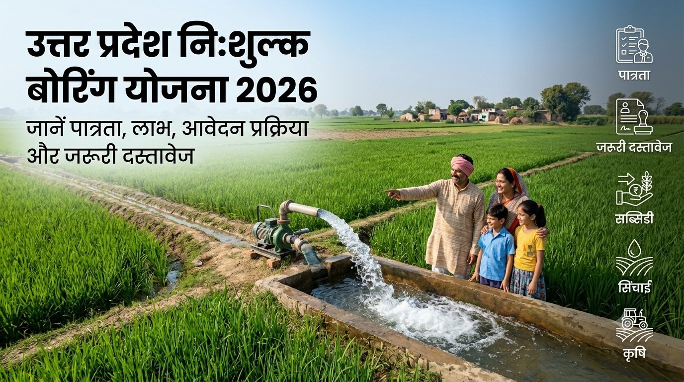 उत्तर प्रदेश निःशुल्क बोरिंग योजना 2026 - खेत में बोरवेल सिंचाई देखते किसान और उनका परिवार